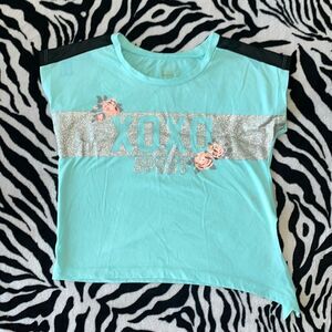Xoxo sport little girls roses teal silver glitter mesh shoulder shirt sleeve top